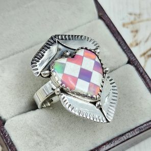 Aurora Opal Checkerboard Size US 10 925 Sterling Silver Ring (REXT67-148)