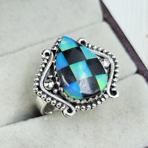 Aurora Opal Checkerboard Size US 6 925 Sterling Silver Ring (REXT67-121)