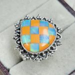 Aurora Opal Checkerboard Adjustable  925 Sterling Silver Ring (REXT67-155)