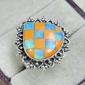 Aurora Opal Checkerboard Adjustable  925 Sterling Silver Ring (REXT67-155)