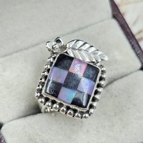 Aurora Opal Checkerboard Size US 8 925 Sterling Silver Ring (REXT67-130)