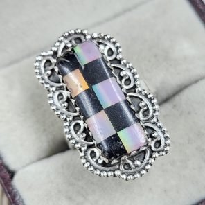 Aurora Opal Checkerboard Size US 6 925 Sterling Silver Ring (REXT67-106)