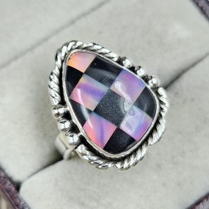 Aurora Opal Checkerboard Size US 7 925 Sterling Silver Ring (REXT67-114)