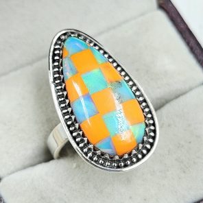 Aurora Opal Checkerboard Size US 9 925 Sterling Silver Ring (REXT67-140)