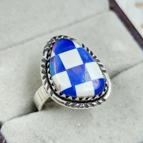 Aurora Opal Checkerboard Size US 6 925 Sterling Silver Ring (REXT67-107)