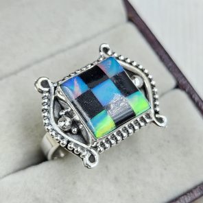Aurora Opal Checkerboard Size US 10 925 Sterling Silver Ring (REXT67-149)