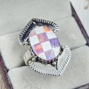 Aurora Opal Checkerboard Size US 8 925 Sterling Silver Ring (REXT67-131)