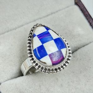 Aurora Opal Checkerboard Size US 8 925 Sterling Silver Ring (REXT67-132)