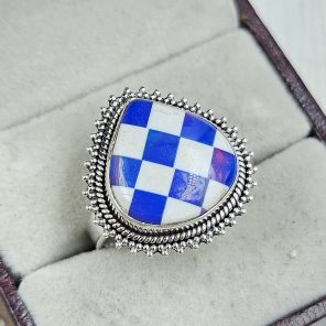 Aurora Opal Checkerboard Size US 8 925 Sterling Silver Ring (REXT67-133)