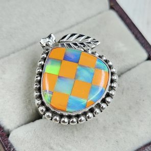 Aurora Opal Checkerboard Size US 7 925 Sterling Silver Ring (REXT67-116)