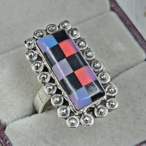 Aurora Opal Checkerboard Size US 10 925 Sterling Silver Ring (REXT67-150)