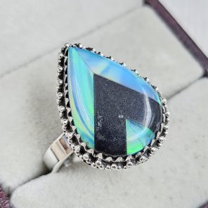 Aurora Opal Checkerboard Size US 10 925 Sterling Silver Ring (REXT67-151)