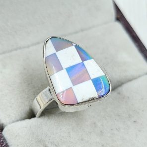 Aurora Opal Checkerboard Size US 9 925 Sterling Silver Ring (REXT67-143)