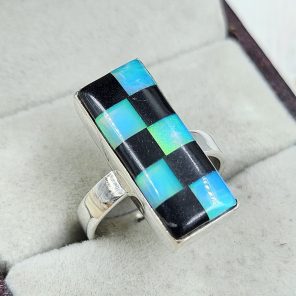 Aurora Opal Checkerboard Adjustable  925 Sterling Silver Ring (REXT67-156)