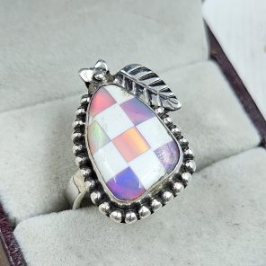 Aurora Opal Checkerboard Size US 9 925 Sterling Silver Ring (REXT67-144)