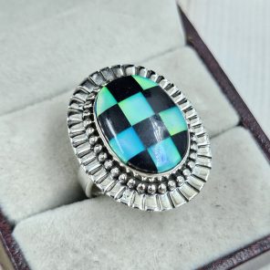 Aurora Opal Checkerboard Size US 7 925 Sterling Silver Ring (REXT67-117)