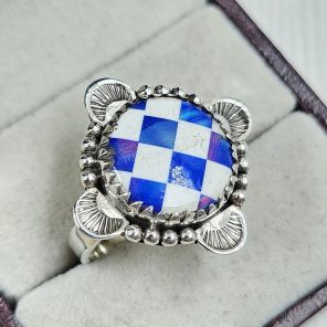 Aurora Opal Checkerboard Size US 9 925 Sterling Silver Ring (REXT67-146)