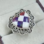 Aurora Opal Checkerboard Adjustable  925 Sterling Silver Ring (REXT67-154)