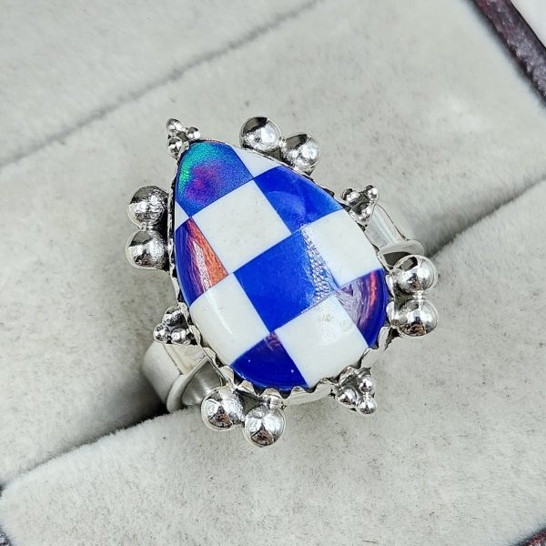 Aurora Opal Checkerboard Size US 7 925 Sterling Silver Ring (REXT67-118)