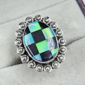 Aurora Opal Checkerboard Size US 9 925 Sterling Silver Ring (REXT67-147)