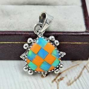 Aurora Opal Checkerboard 1" 925 Sterling Silver Pendant (REXT67-96)
