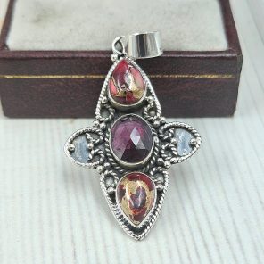 Red Rose Dahlia & Garnet 1.5" 925 Sterling Silver Pendant (REXT27-308)