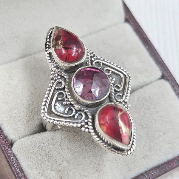 Red Rose Dahlia & Garnet 925 Sterling Silver Ring (REXT27-311) - Image 2