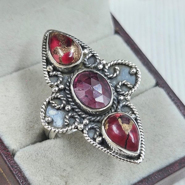 Red Rose Dahlia & Garnet 925 Sterling Silver Ring (REXT27-312) - Image 2