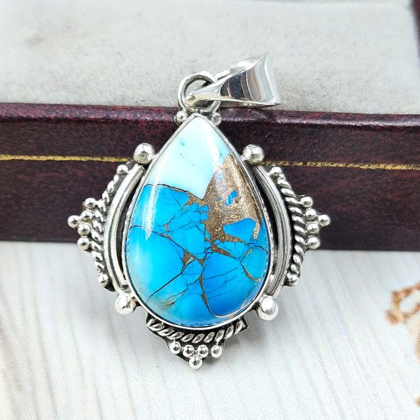 Ice Blue Dahlia Turquoise 1.25" 925 Sterling Silver Pendant (RS18-200)
