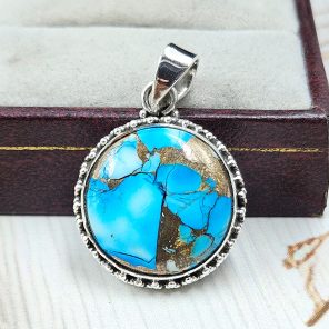 Ice Blue Dahlia Turquoise 1.25" 925 Sterling Silver Pendant (RS18-201)