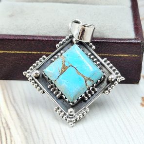 Ice Blue Dahlia Turquoise 1.5" 925 Sterling Silver Pendant (RS18-203)