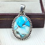 Ice Blue Dahlia Turquoise 1.25" 925 Sterling Silver Pendant (RS18-205)