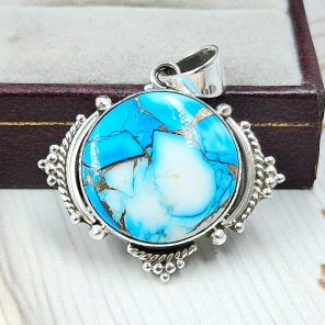 Ice Blue Dahlia Turquoise 1.25" 925 Sterling Silver Pendant (RS18-206)
