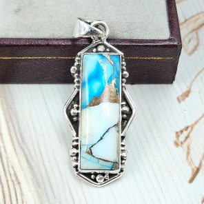 Ice Blue Dahlia Turquoise 1.75" 925 Sterling Silver Pendant (RS18-208)