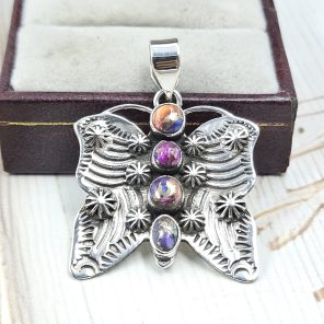 Butterfly Pink Dahlia Turquoise 1.25" 925 Sterling Silver Pendant (REXT65-27)