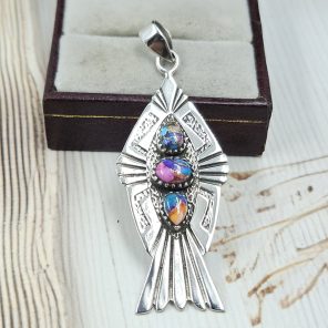 Fish Pink Dahlia Turquoise 1.6" 925 Sterling Silver Pendant (REXT65-33)