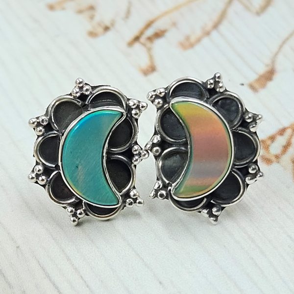 Aurora Opal Crescent Moon 925 Sterling Silver Stud Earring (RS108-337)