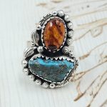 Amber & Kingman Turquoise 925 Sterling Silver Ring (REXT5-17)