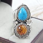 Amber & Kingman Turquoise 925 Sterling Silver Ring (REXT5-16)
