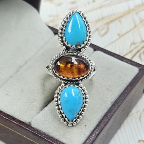 Amber & Kingman Turquoise 925 Sterling Silver Ring (REXT5-15)