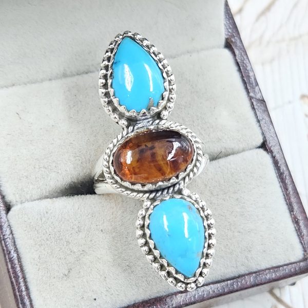 Amber & Kingman Turquoise 925 Sterling Silver Ring (REXT5-15) - Image 2