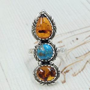 Amber & Kingman Turquoise 925 Sterling Silver Ring (REXT5-14)