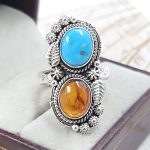 Amber & Kingman Turquoise 925 Sterling Silver Ring (REXT5-13)