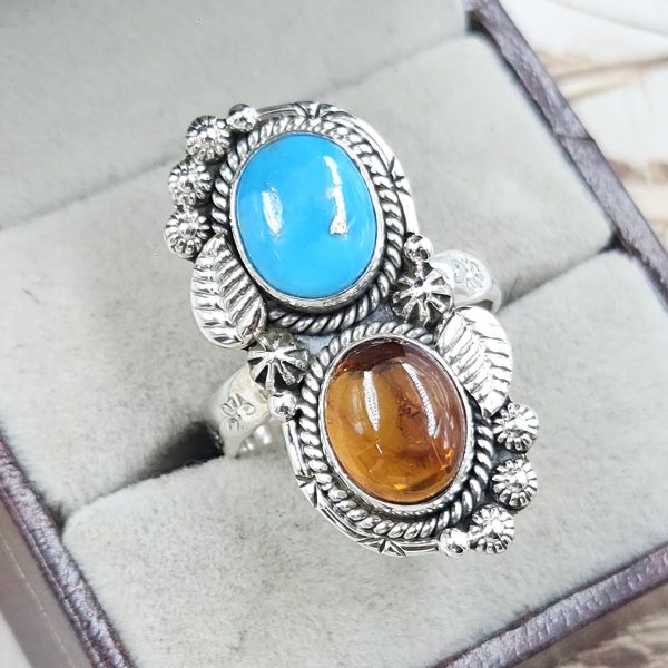 Amber & Kingman Turquoise 925 Sterling Silver Ring (REXT5-13) - Image 2