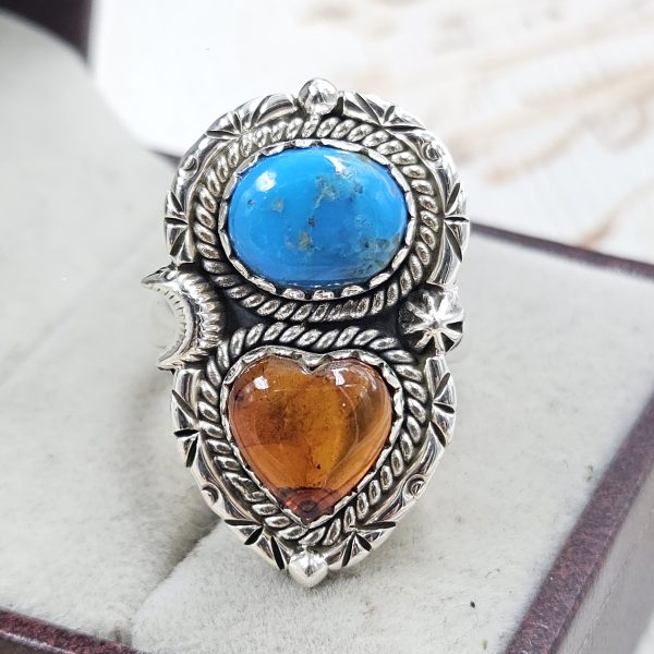 Amber & Kingman Turquoise 925 Sterling Silver Ring (REXT5-11)