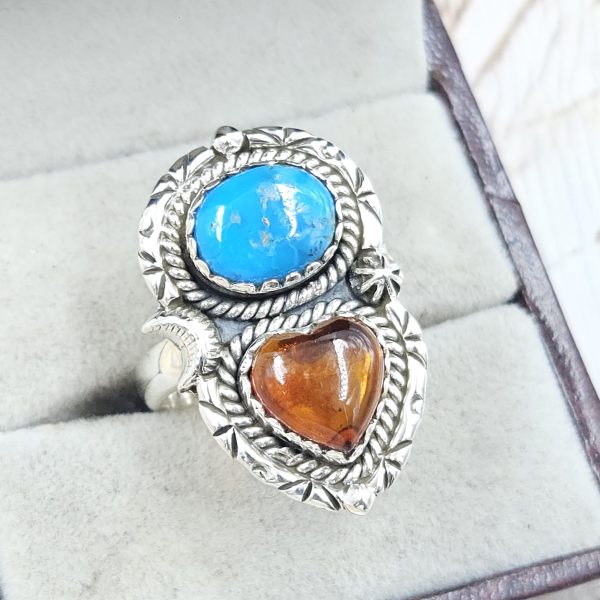 Amber & Kingman Turquoise 925 Sterling Silver Ring (REXT5-11) - Image 2