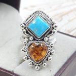 Amber & Kingman Turquoise 925 Sterling Silver Ring (REXT5-12)
