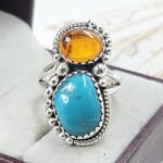 Amber & Kingman Turquoise 925 Sterling Silver Ring (REXT5-18)