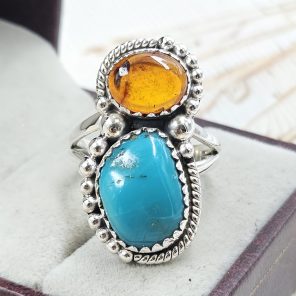 Amber & Kingman Turquoise 925 Sterling Silver Ring (REXT5-18)