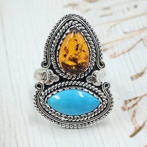 Amber & Kingman Turquoise 925 Sterling Silver Ring (REXT5-9)